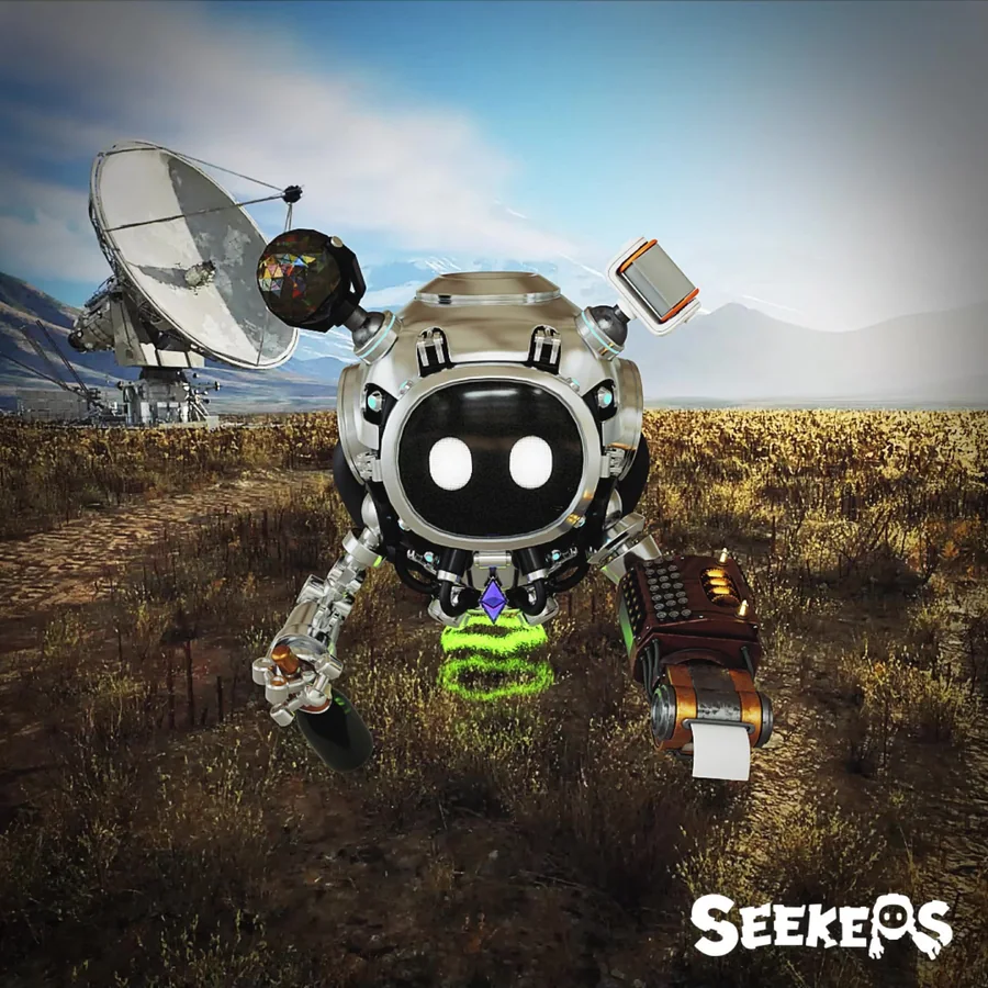 Square social frame with a black and yellow Seeker character