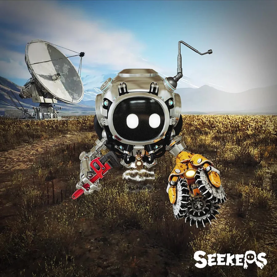 Square social frame with a Seeker character carrying butterfly-like gear