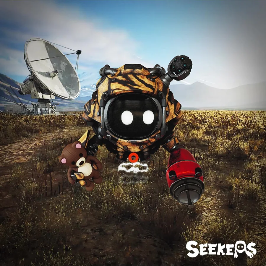 Alternate square social frame with a Seeker character and butterfly-like gear