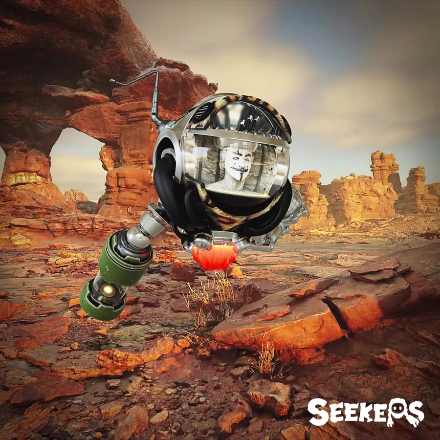 Square social frame with a Seeker character wearing a mask-like visor