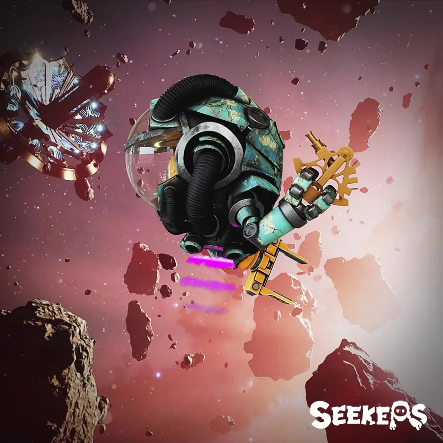 Alternate square social frame with a masked Seeker character