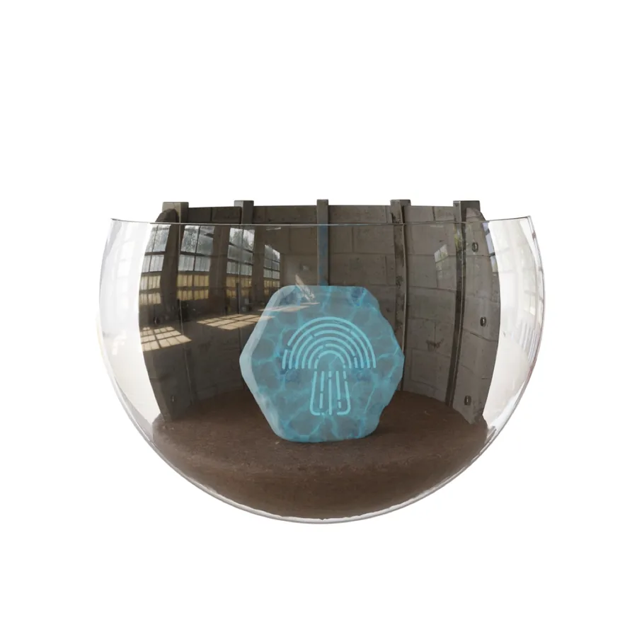 Super Secret Token render in a glass display case