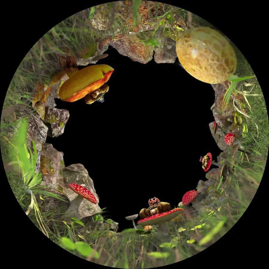 Thingies characters arranged around a mushroom-world dome animation frame