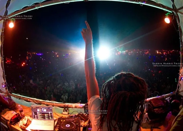 View from the Tower of Babel DJ booth toward the Burning Man crowd and desert lights