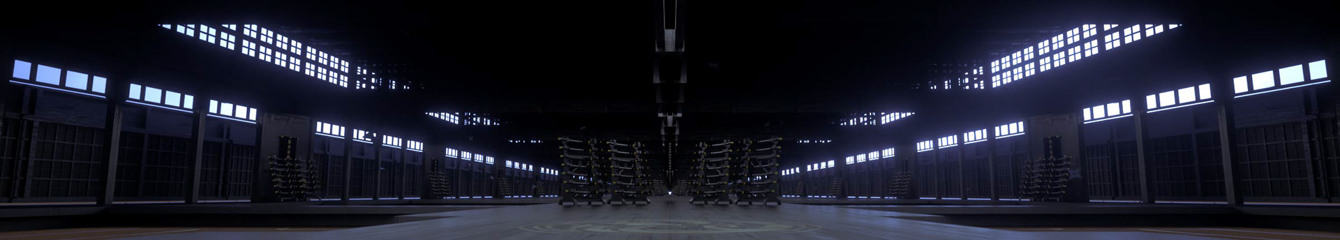 Wide monochrome Shogun Stage content design depicting a Japanese dojo and symmetrical armory