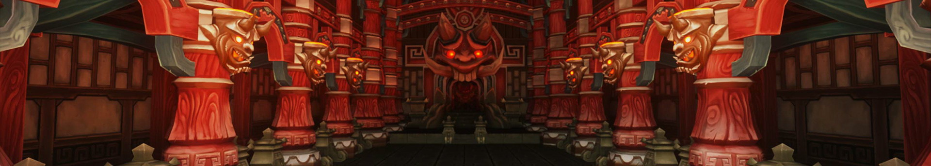 Wide red Shogun Stage content design depicting a Japanese temple interior with demon masks