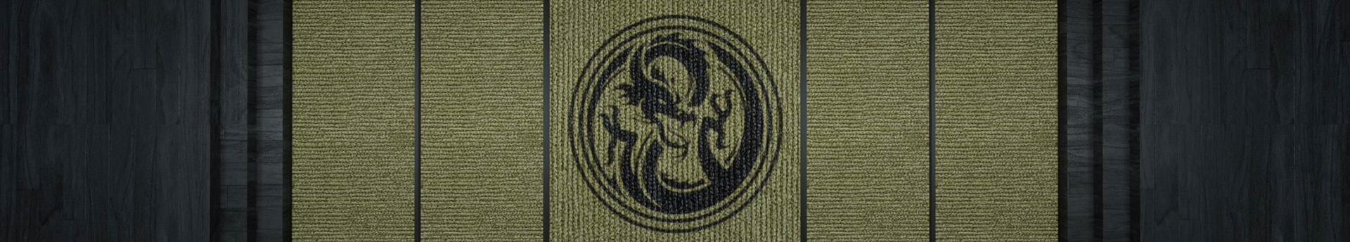 Wide Shogun Stage content design with a woven architectural texture and central circular emblem