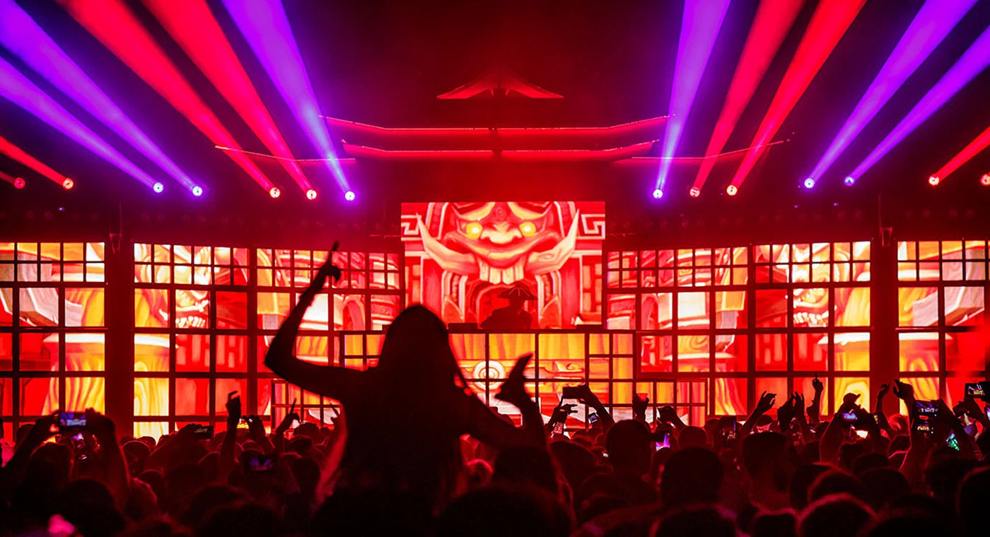 Datsik Shogun LED stage glowing red beneath the pagoda roofline