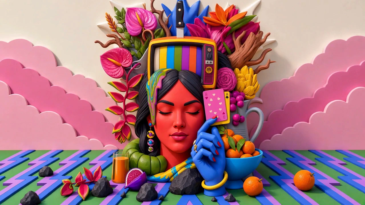 A surreal portrait surrounded by candy-colored shapes, flowers, and pink clouds.
