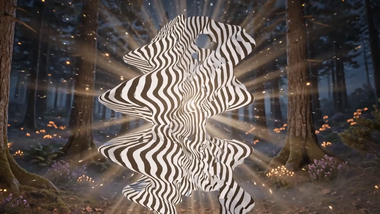 A floating black-and-white striped sculpture in a sunlit forest.
