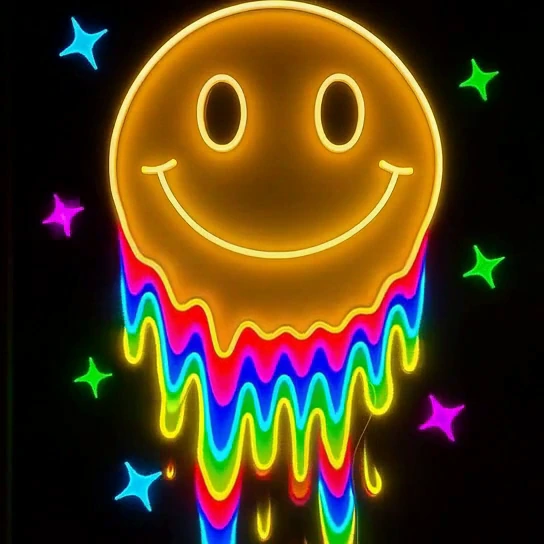 A glowing yellow smiley with rainbow drips and colorful stars on black.