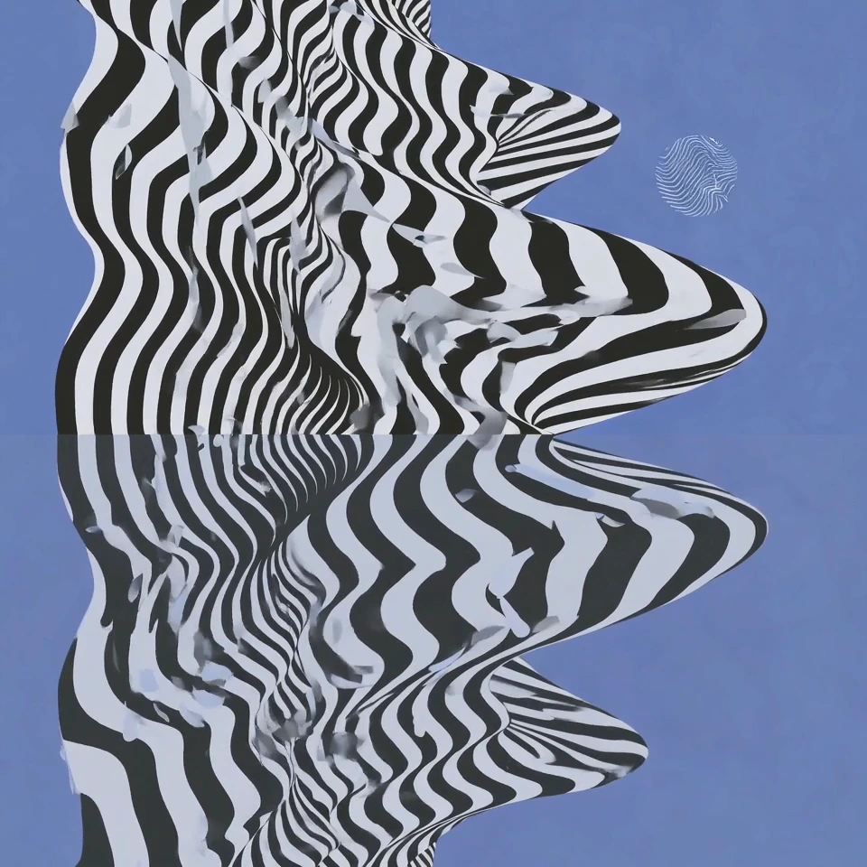 Twisting black-and-white striped ribbons against a blue sky.