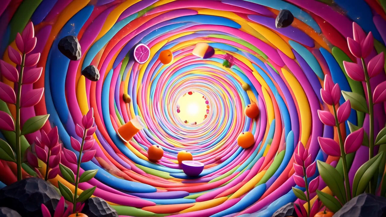 A bright rainbow spiral surrounded by flowers and curved candy-like forms.