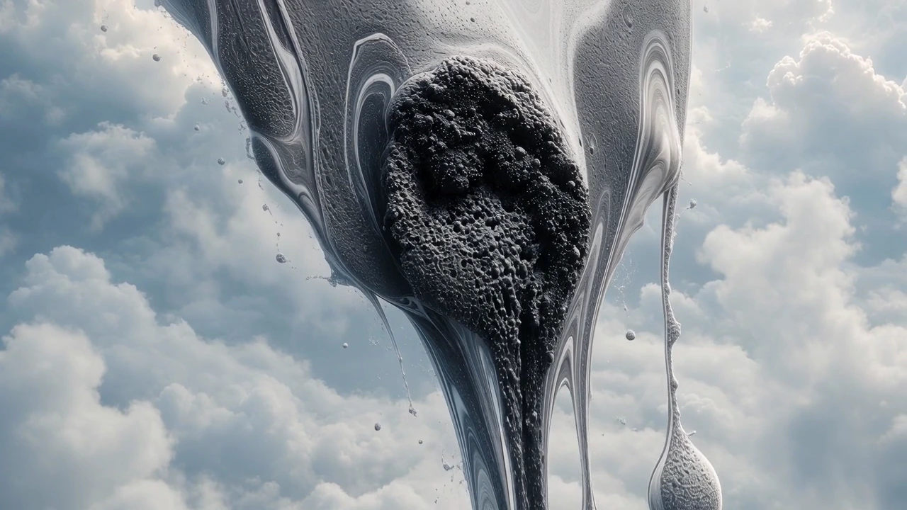 A dark suspended rock enclosed by flowing silver forms among clouds.