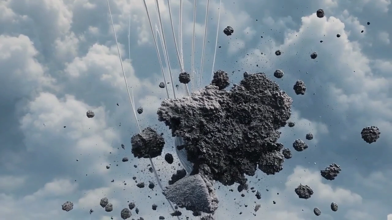 A fragmented floating rock with liquid silver threads in a cloudy sky.
