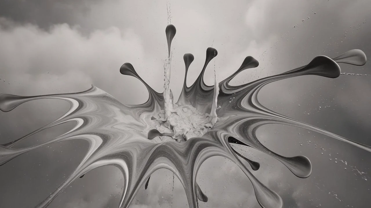 A liquid chrome crown spreading into curved spikes against gray clouds.