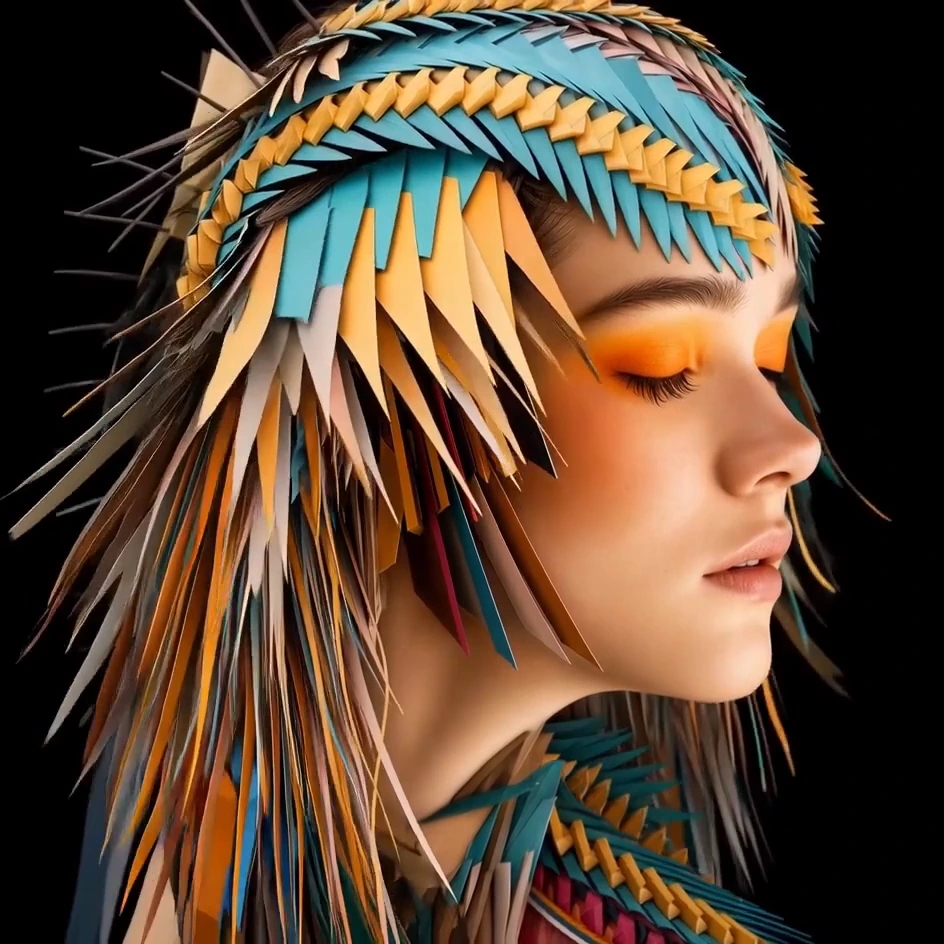 A profile portrait framed by turquoise and gold feather-like forms on black.
