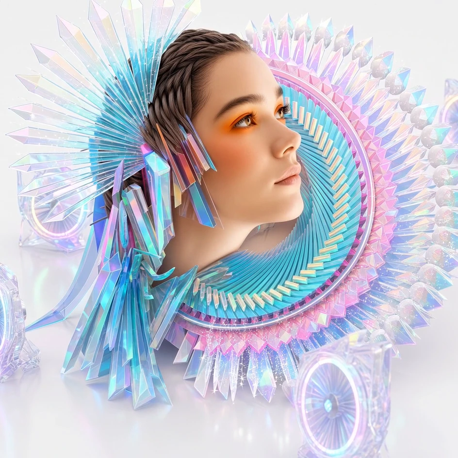 An upward-facing profile surrounded by a pale iridescent circular halo.