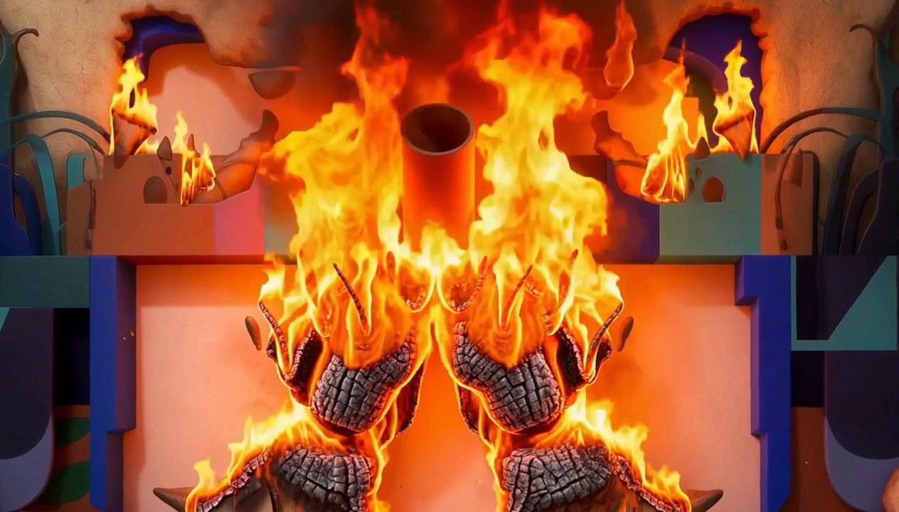 A symmetrical creature-like figure formed from orange flames.