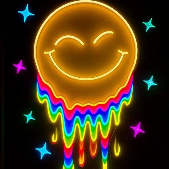 A glowing smiling face with closed eyes, rainbow drips, and colorful stars on black.