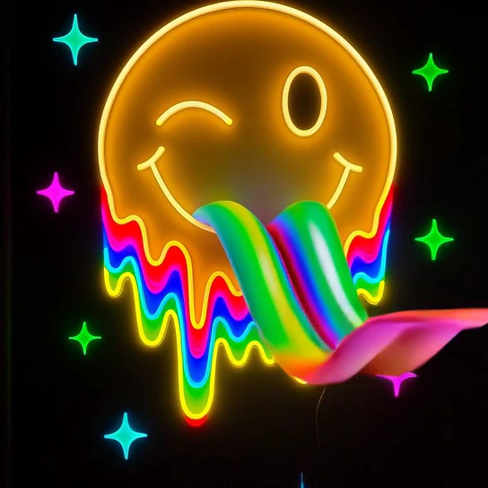 A glowing yellow face with a rainbow tongue and colorful stars on black.