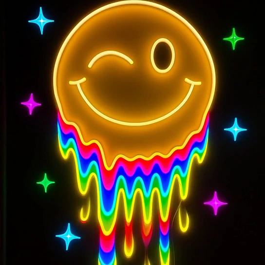 A winking neon face with rainbow drips and stars on black.