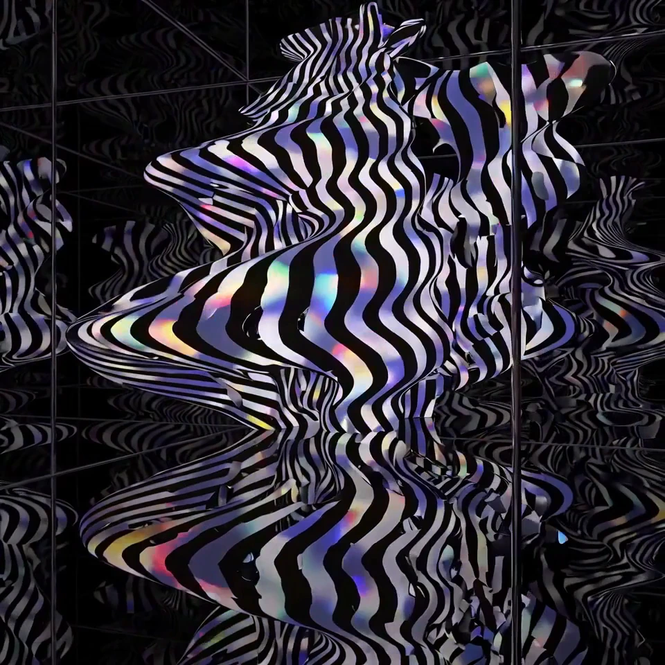An iridescent striped sculpture floating in a dark geometric space.