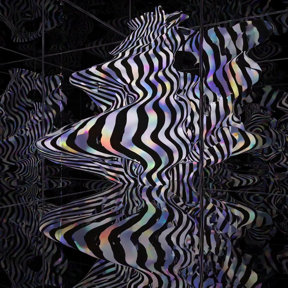 Rippling iridescent stripes surrounded by fine geometric lines.