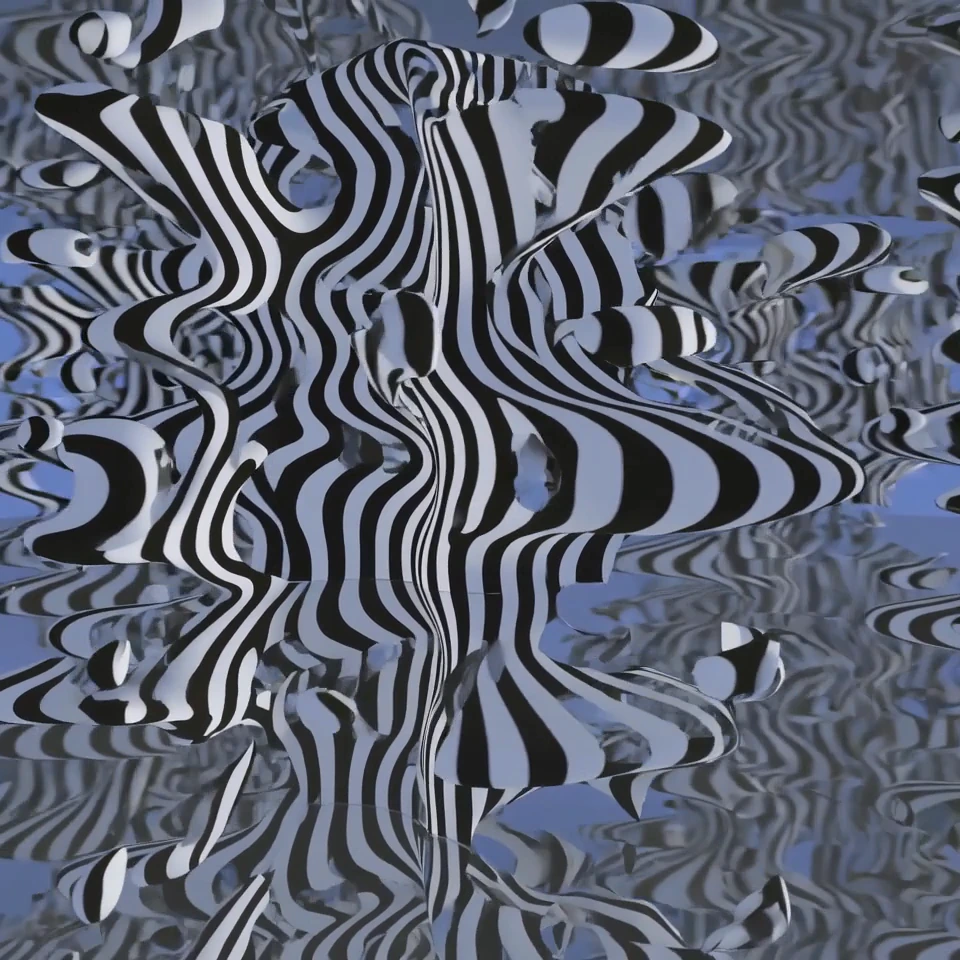 Fragmented black-and-white stripes with blue reflections.