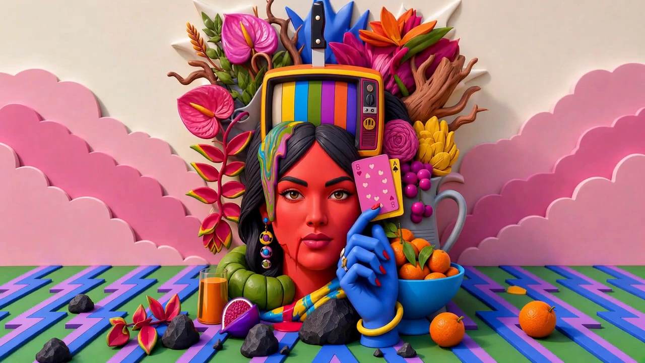 A colorful surreal portrait surrounded by flowers, retro objects, and pink clouds.