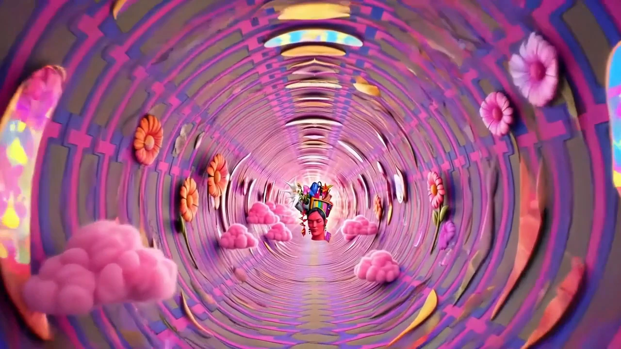 A pink circular tunnel filled with clouds, flowers, and colorful details.