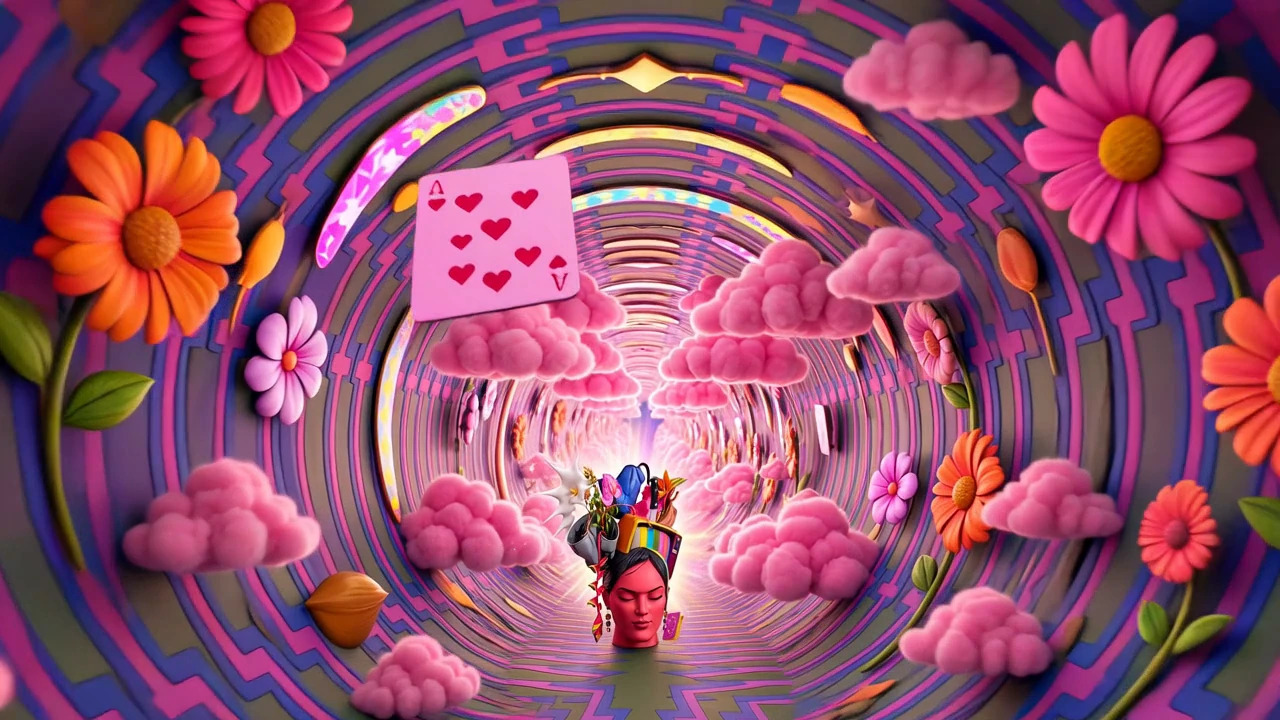 A candy-colored tunnel with pink clouds, flowers, and a floating playing card.