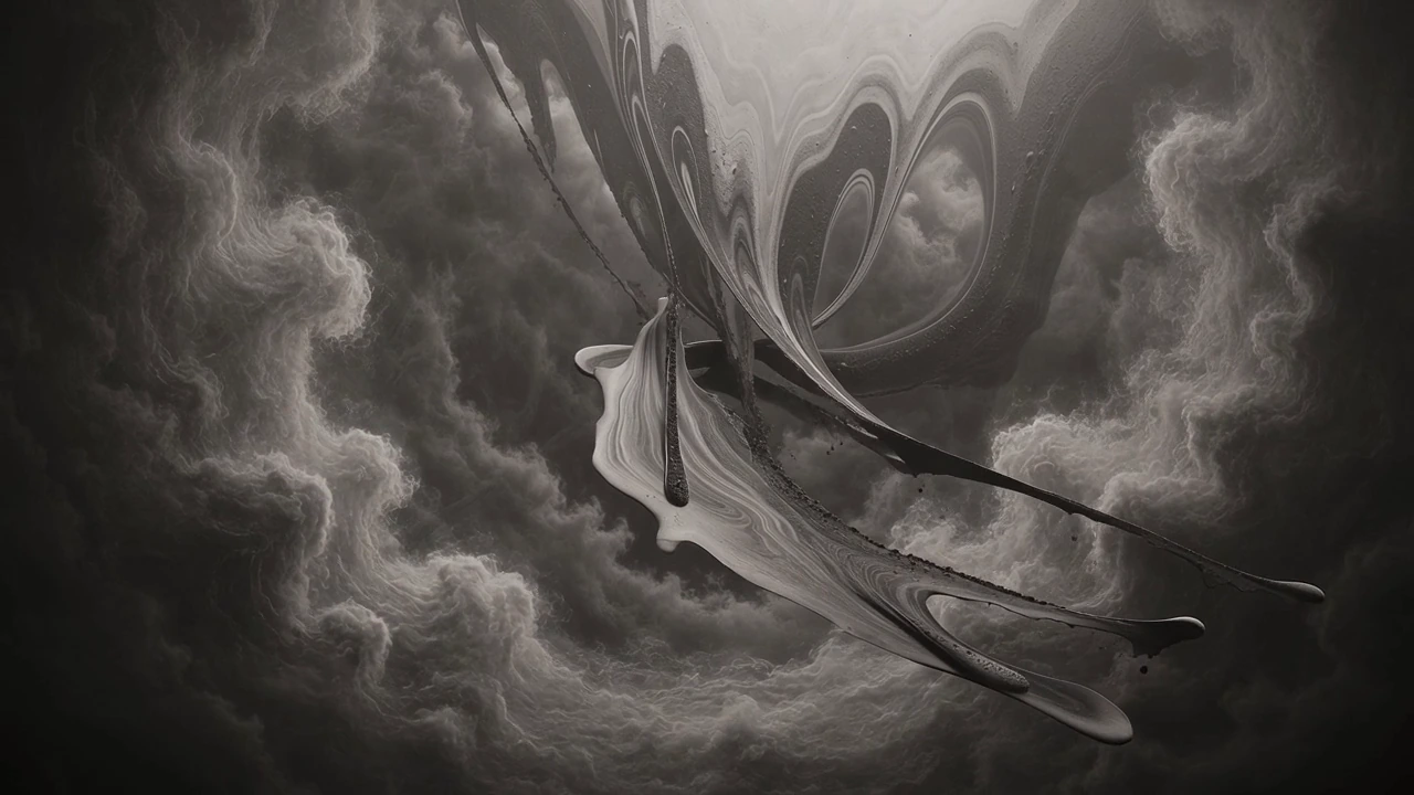 Dark flowing sculptural ribbons surrounded by gray clouds.