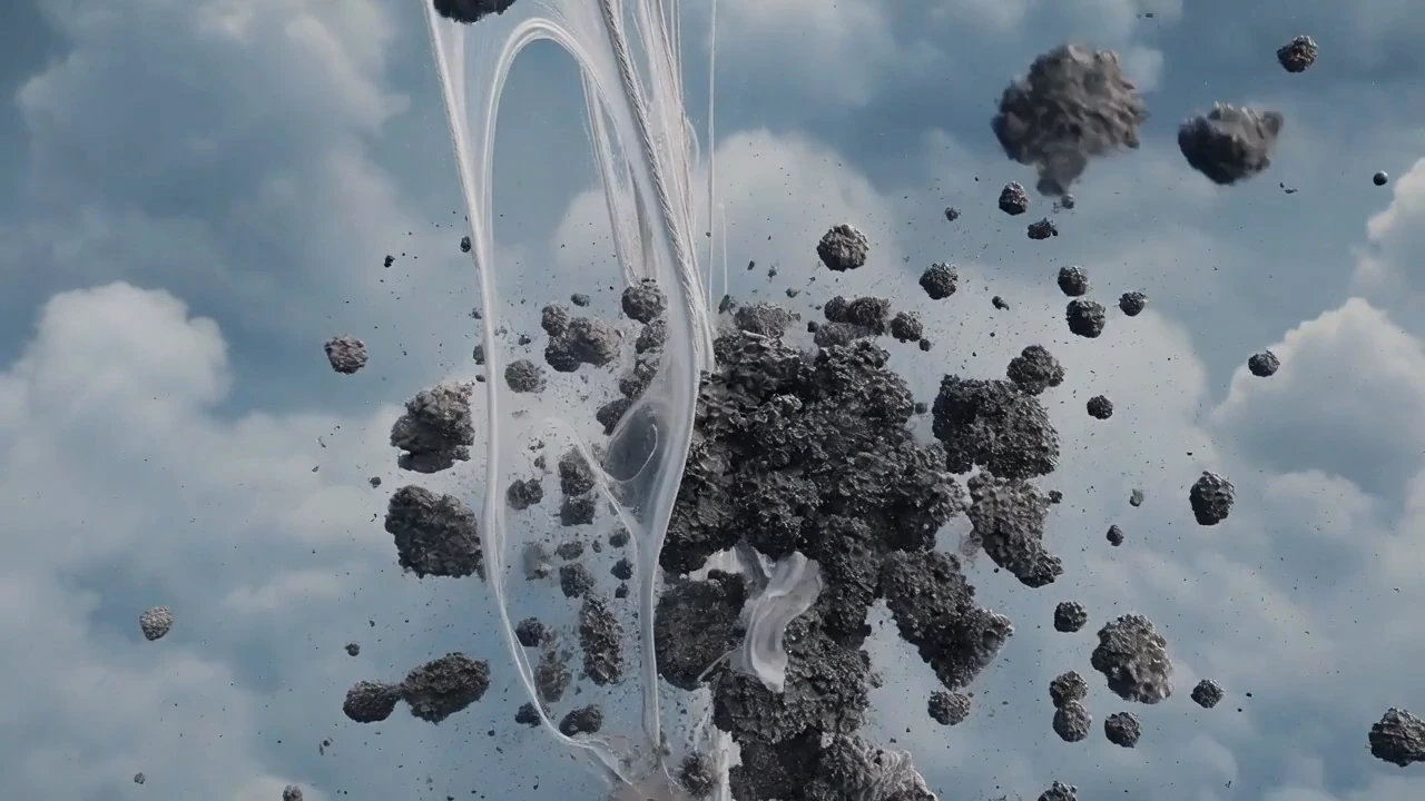 Floating rock fragments intertwined with translucent silver forms in clouds.