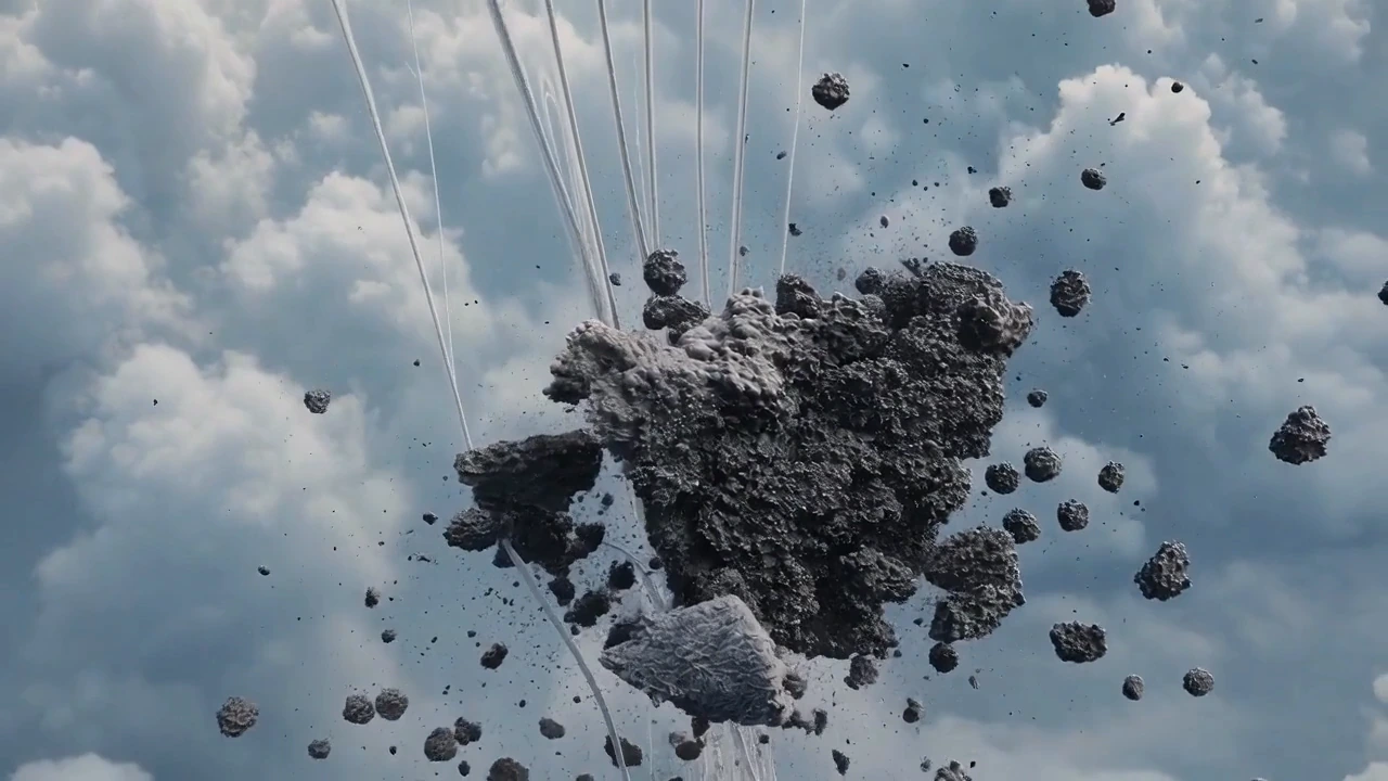 A fragmented dark rock suspended beneath thin silver threads in a cloudy sky.