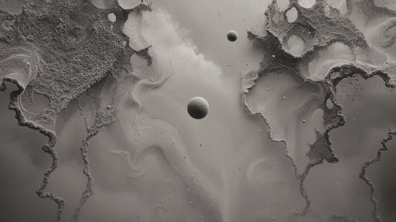 Textured gray membranes surrounding floating spheres.