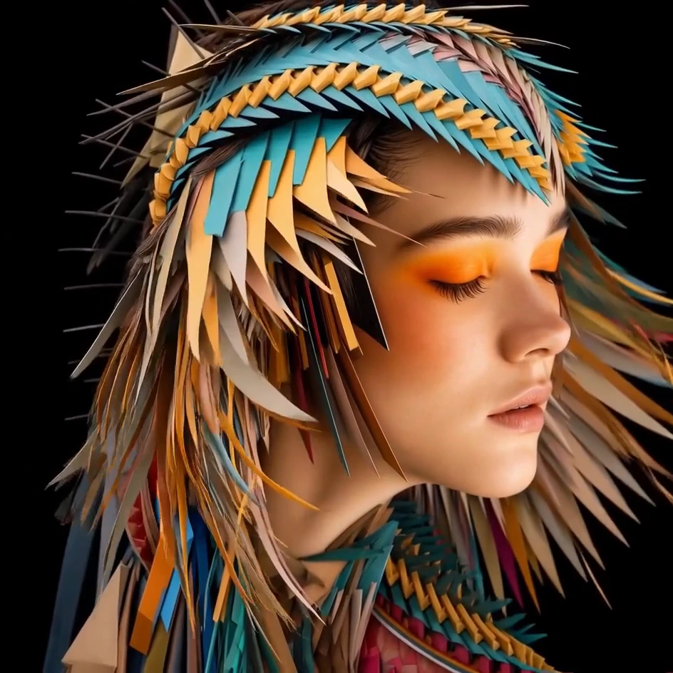 A profile portrait framed by turquoise and gold feather-like forms.