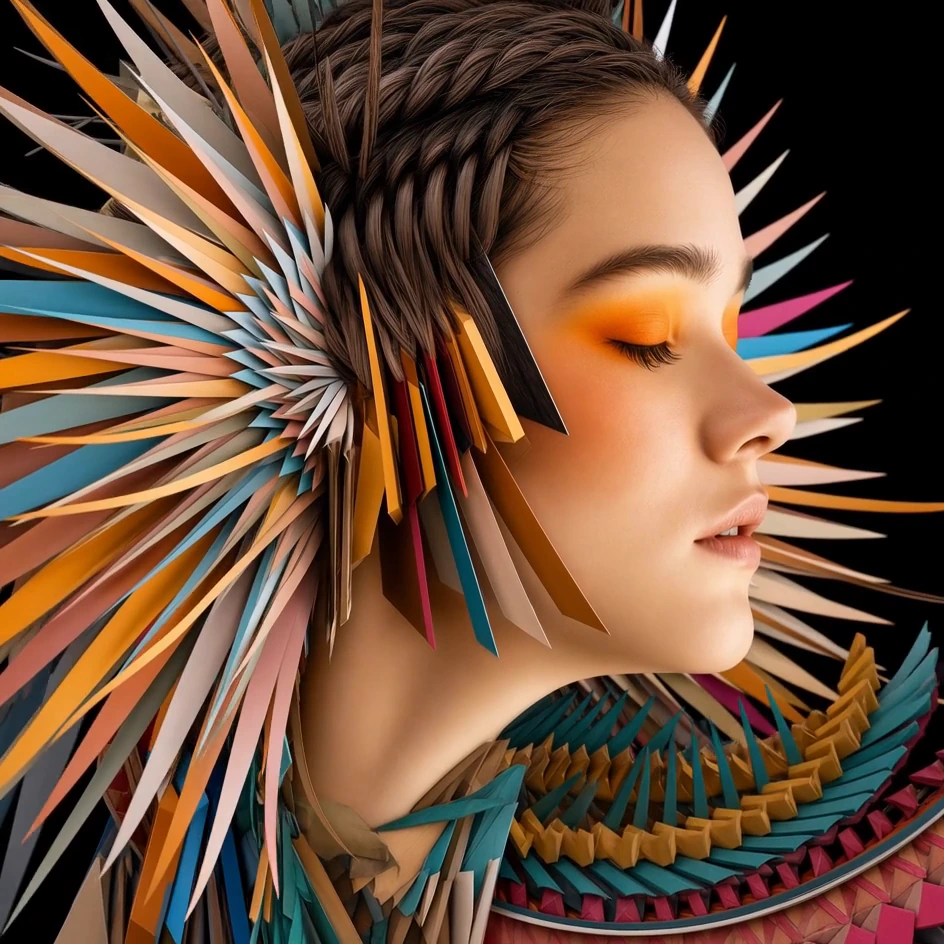 A profile portrait surrounded by radiating gold and turquoise spikes.