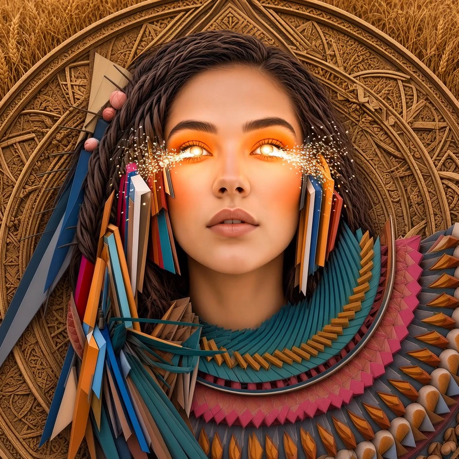 A frontal portrait with glowing orange eyes, a colorful collar, and a patterned golden background.