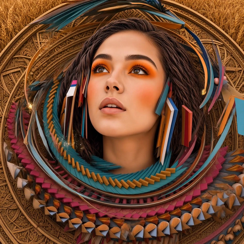 An upward-looking portrait with looping ribbons and a multicolored sculptural collar.