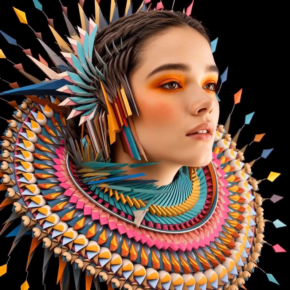 A profile portrait with a layered rainbow collar and dispersing feather-like shapes.