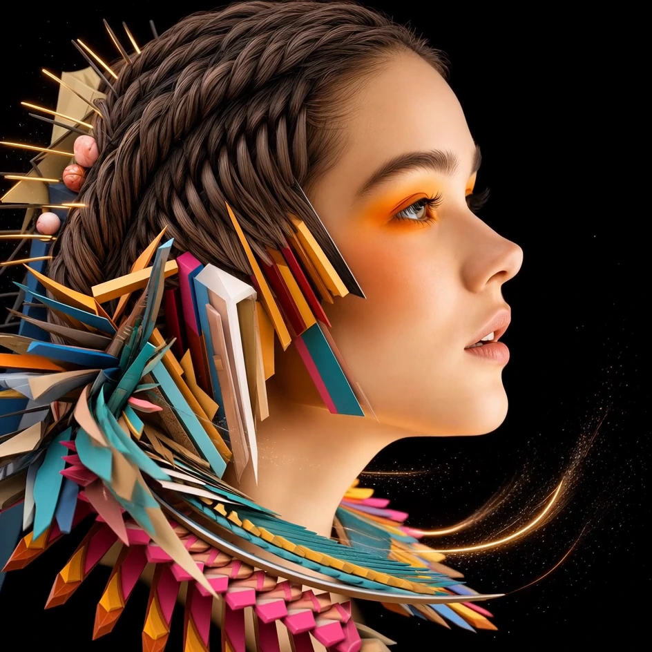 An upward-facing profile with sweeping gold and turquoise ribbons around the neck.